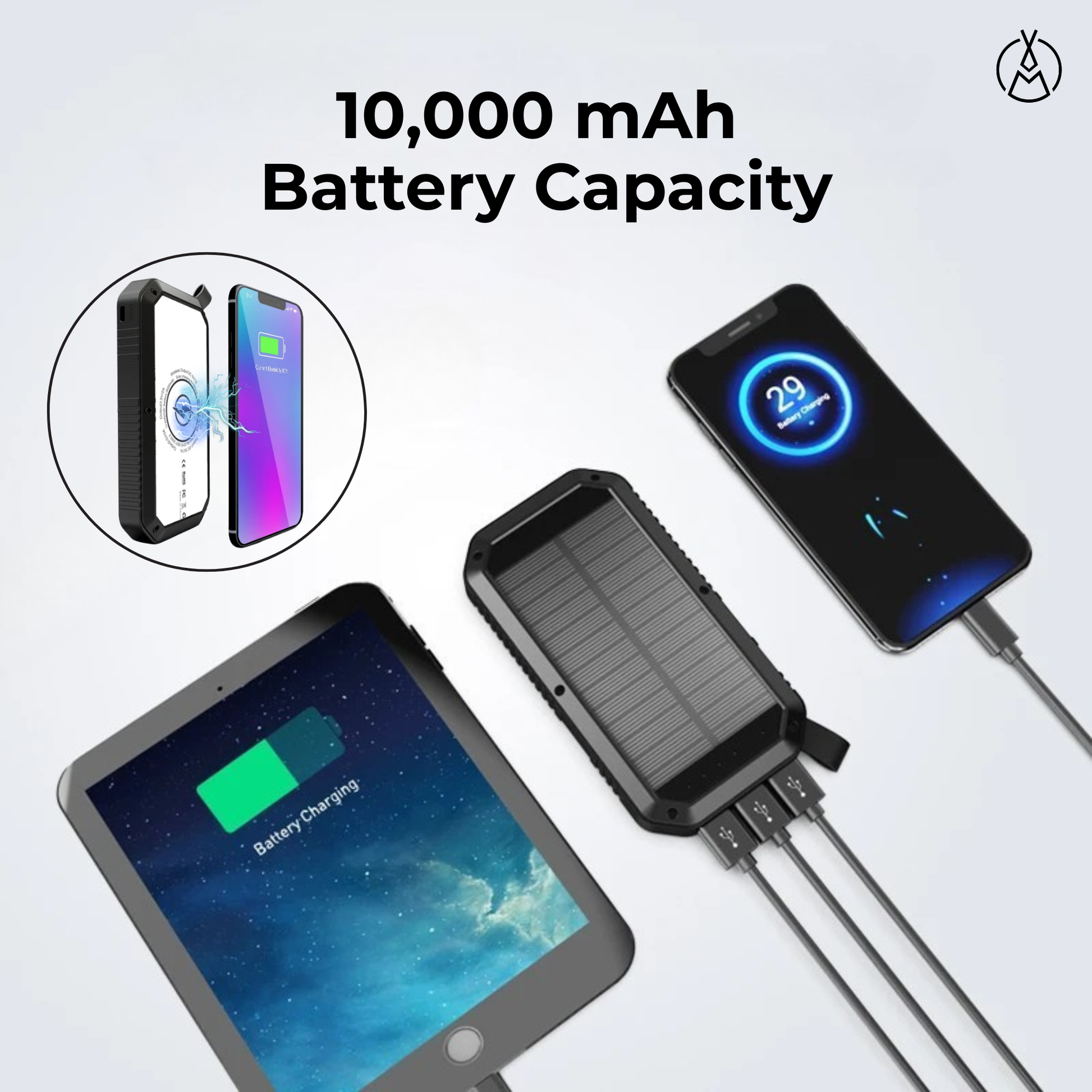 Power bank with 10,000 mAh capacity shown charging a tablet and smartphone on a light gray background.