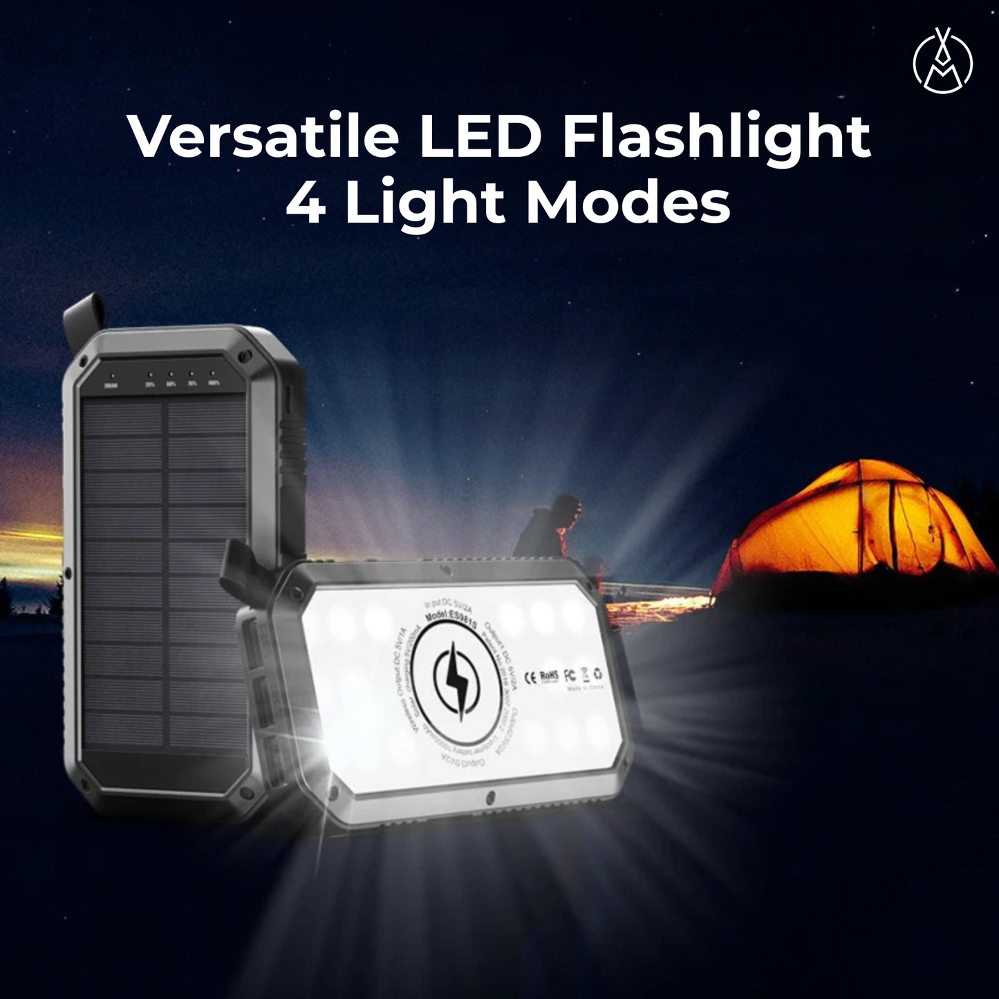 Versatile LED flashlight with solar panel and camping scene in the background